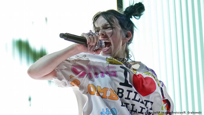 Billie Eilish performing during the When We All Fall Asleep tour in Chicago