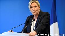French far-right party Rassemblement National (RN) president Marine Le Pen addresses her new-year wishes to the press on January 16, 2020 at the party's headquarters in Nanterre, near Paris. (Photo by Bertrand GUAY / AFP) (Photo by BERTRAND GUAY/AFP via Getty Images)