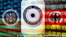 Webcam und Zeichen von BND und NSA, Symbolfoto BND-Skandal, Datenkontrolle | webcam and binary code | Verwendung weltweit
