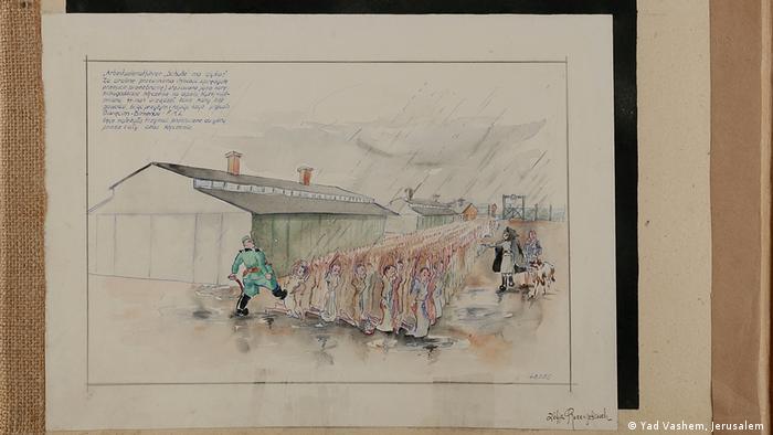 'Punishment during roll call' - water color by Zofia Rozensztrauch, 1945. (Yad Vashem, Jerusalem )