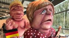 Jacques Tilly, Politik und Provokation – Karikaturen XXL. 02.02.2020 bis 14.06.2020. Trump und Merkel als Pappfiguren aus dem Düsseldorfer Karneval von Jacques Tilly. 