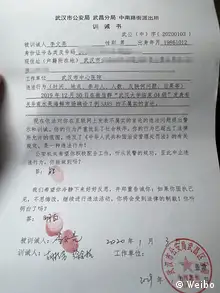 China Wuhan Arzt Li Wenliang Verhörprotokoll wegen Verbreitung von Unwahrheiten