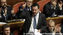 12.02.2020 *** Opposition populist leader Matteo Salvini speaks at the end of the debate at the Italian Senate on whether to allow him to be prosecuted – as he demands to be -- for alleging holding migrants hostage for days aboard coast guard ship Gregoretti instead of letting them immediately disembark in Sicily, while he was interior minister, at the Senate in Rome, Wednesday, feb. 12, 2020. Salvini says being on trial for alleged kidnapping is tantamount to defending his country from illegal migrants he blames for crime and for subtracting jobs from Italians. (AP Photo/Andrew Medichini) |