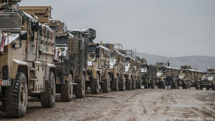 Armored personnel carrier vehicles, carrying commandos, pass through the Hatay province of Turkey to support Turkish border units on February 13, 2020