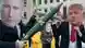 Manifestantes com máscaras de Vladimir Putin, Donald Trump e Angela Merkel se enfrentam com modelos de foguetes na Pariser Platz, em Berlim.