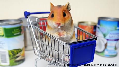 A cartoon hamster sits in a grocery cart