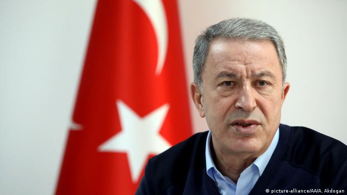 Defense Minister Hulusi Akar makes a speech about the situation in Syria's Idlib