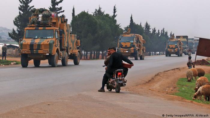 A Turkish military convoy north of Idlib, Syria