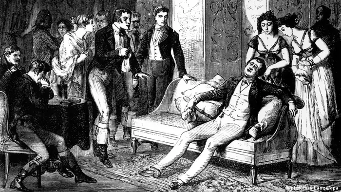 Sir Humphrey Davy se desmayó en un sofá, rodeado de otras personas de la alta sociedad.