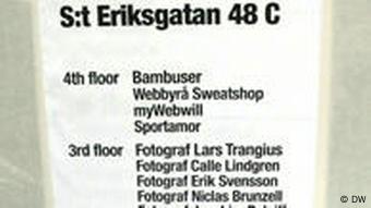 Das Bild zeigt ein Blatt Papier, wo die Firma My Webwill unter anderen angekündigt wird, es klebt unten an der Tür des Treppenhauses, die Firma ist im vierten Stock. Foto: Agnes Bührig