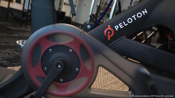 A file photo shows the Peloton logo on the company's stationary bicycle