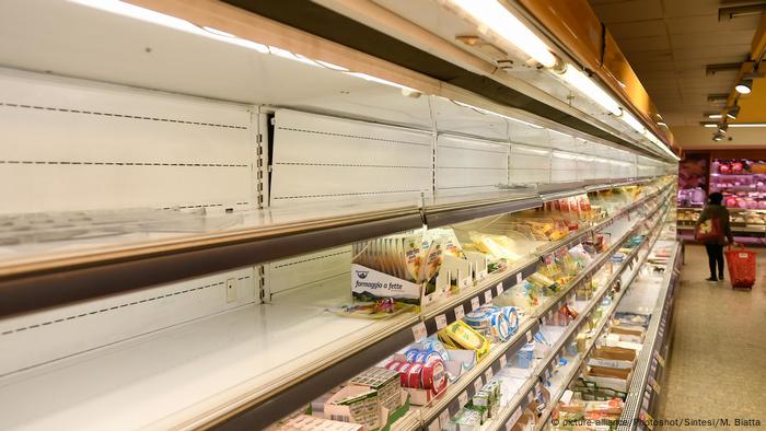 Empty shelves in a supermarket