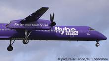 Flybe aircraft landing in Amsterdam Schiphol Airport in The Netherlands. The aircraft is a turboprop De Havilland Canada DHC-8-400 with registration G-JEDR and name Spirit of Dublin. Flybe has in service 78 regional aircrafts, 54 of them are Bombardier Dash 8 Q400 and there are 4 more Embraer 175 in order. The airline is bases in Exeter, England and flights to 85 destinations. Flybe connects Amsterdam to Birmingham, Doncaster / Sheffield, East Midlands, Exeter, London Äì City, Manchester and Southampton. (Photo by Nicolas Economou/NurPhoto) | Keine Weitergabe an Wiederverkäufer.