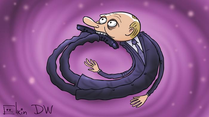 Карикатура Сергея Елкина: президент РФ Владимир Путин, закрученный в ноль, держит себя зубами за пятки