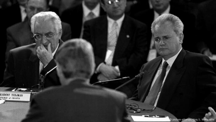 Franjo Tudjman and Slobodan Milosevic at the 1995 Dayton peace conference in Ohio, USA