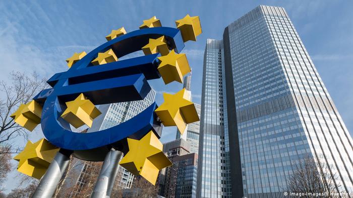 The Euro symbol stands in a square in Frankfurt, Germany