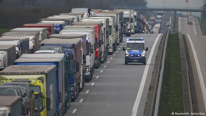 A lorry traffic jam is seen near the German-Polish border in Frankfurt/Oder during the spread of coronavirus disease