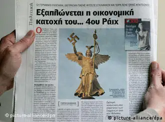 A depiction of the statue of the goddess Victoria, atop the Siegessäule in Berlin, shows it holding a Swastika in an inner page article in the Athens conservative daily Eleftheros Typos on 23 February 2010.