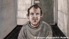 In this courtroom drawing, Brenton Tarrant, the man accused of killing 51 people at two Christchurch mosques on March 15, 2019 appears via video link at the Christchurch District Court, from the maximum security prison in Auckland where he's being held, New Zealand, Friday, June 14, 2019. Tarrant pleaded not guilty to all the charges filed against him. (AP Photo/Stephanie McEwin) |