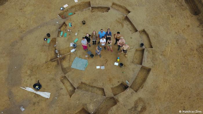 Aerial picture taken by a drone of students during excavations