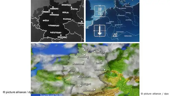 Wetterkarten für die ARD-"Tagesschau" von 1960(links oben), 1978 (rechts oben) und 2010 (Foto: Hessischer Rundfunk dpa/lhe)