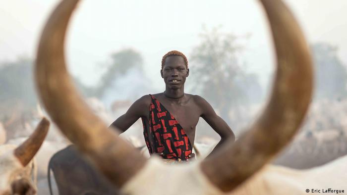 A Mundari man smiles at the camera between the horns of a cow. 