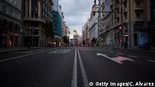 MADRID, SPAIN - APRIL 14: A general view of the Gran Via street as lockdown continues due to the coronavirus (Covid-19) outbreak on April 14, 2020 in Madrid, Spain. Spain is beginning to reduce strict lockdown measures to ease its economy, people in some services including manufacturing and construction are being allowed to return to work but must adhere to strict safety guidelines. More than 17,000 people are reported to have died in Spain due to the COVID-19 outbreak, although the country has reported a decline in the daily number of deaths. (Photo by Carlos Alvarez/Getty Images)