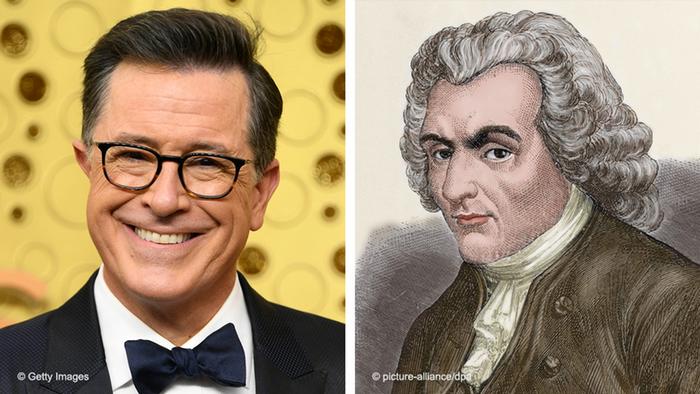 A photo of Stephen Colbert alongside a drawing of Jean-Jacques Rousseau 