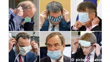 dpatopbilder - 22.04.2020, ---: KOMBO - Die Kombo zeigt sechs Politiker beim Tragen oder An- und Abziehen eines Mundschutzes. Von oben links nach unten rechts: Stephan Weil (SPD), MinisterprŠsident Niedersachsen, Markus Sšöder (CSU), MinisterprŠsident von Bayern, Werner Kogler, VizepräŠsident …von Österreich, Jens Spahn (CDU), Bundesgesundheitsminister, Armin Laschet (CDU), MinisterprŠsident Nordrhein-Westfalen, und Daniel GüŸnther (CDU), MinisterprŠsident Schleswig-Holstein. In Deutschland soll es bundesweit eine Maskenpflicht zur EindŠämmung des Coronavirus geben. Foto: Dpa/dpa | Verwendung weltweit