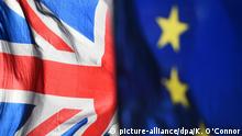 ARCHIV - 28.01.2019, Großbritannien, London: Eine Flagge der Europäischen Union und eine Flagge von Großbritannien wehen vor dem Parlament in Westminster. Die EU und Großbritannien verhandeln über Beziehungen nach dem Brexit. Foto: Kirsty O'Connor/PA Wire/dpa +++ dpa-Bildfunk +++ |