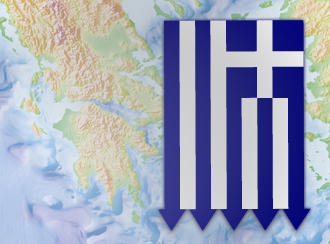 A Greek flag with arrows pointing downwards superimposed over a map of Greece