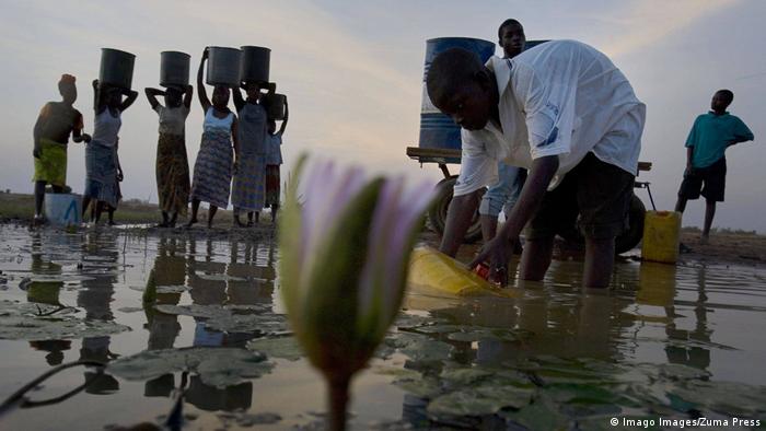 Women and children gather dam water at sunset near Savelugu, Ghana