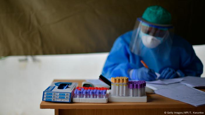 Coronavirus test samples are arranged on a desk 