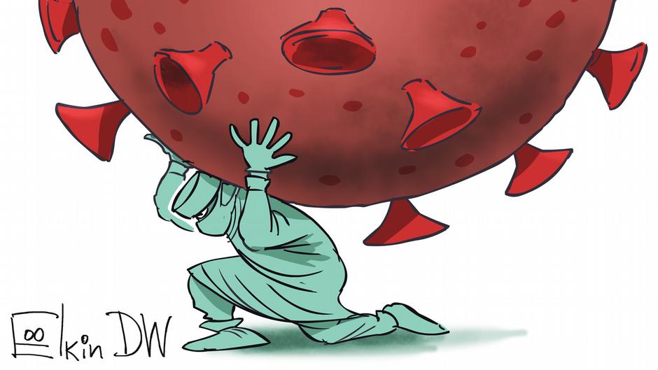 Karikatur Sergey Elkin - Thema: Globale Anstrengung im Kampf gegen Coronavirus