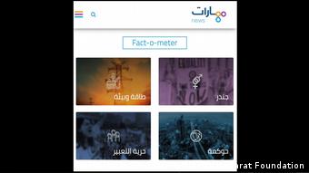 Screenshots des Fact-O-Meters, einer Fakt-Checking-Seite der Maharat Foundation im Libanon