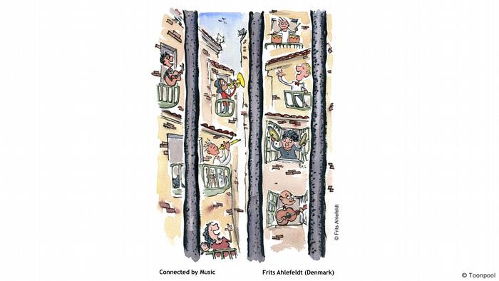 Cartoon mit dem Titel 'Connected by Music' (von Frits Ahlefeldt aus Dänemark)