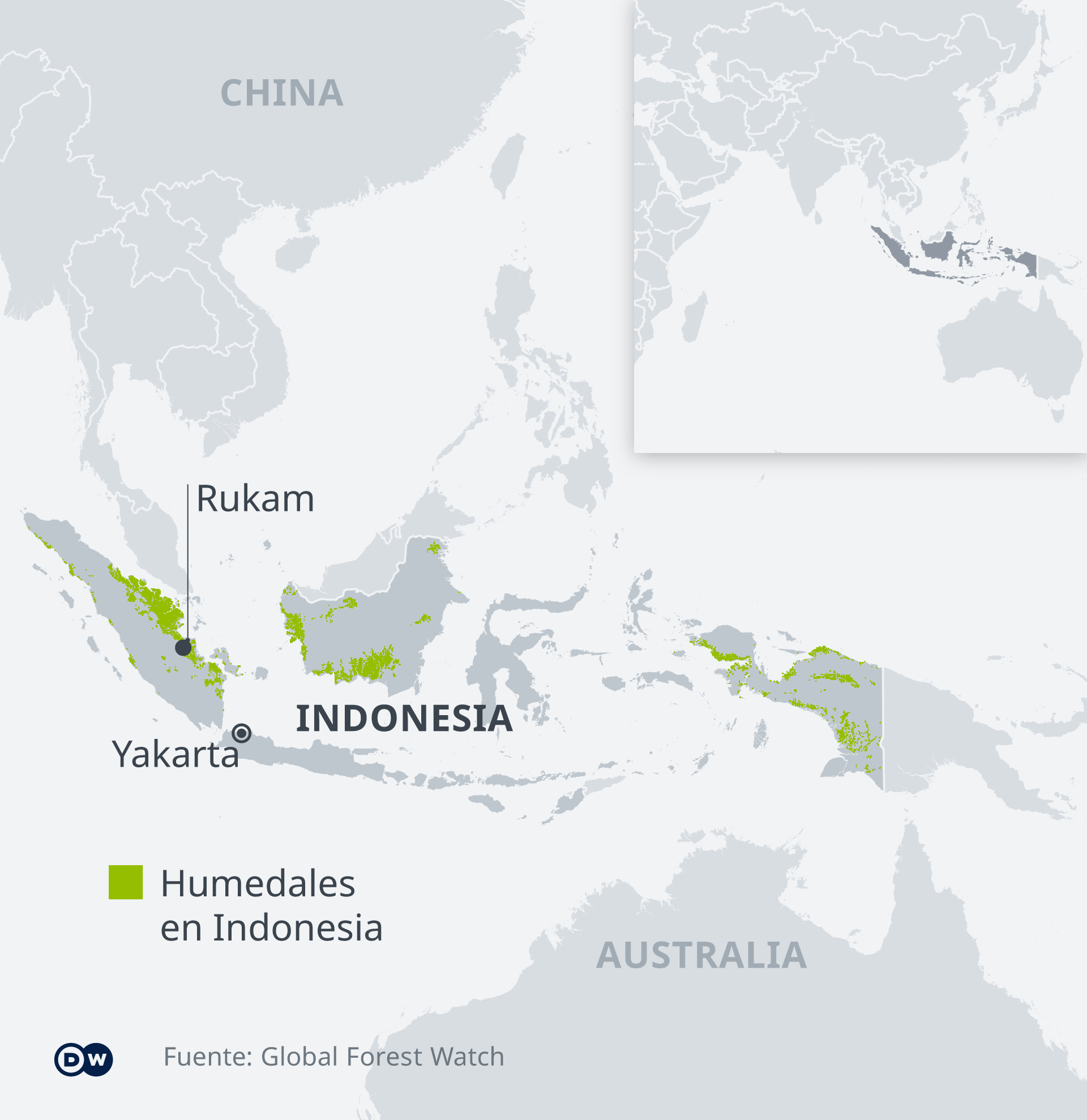 El gráfico muestra las zonas de turberas en Indonesia y la ubicación del pueblo de Rukam