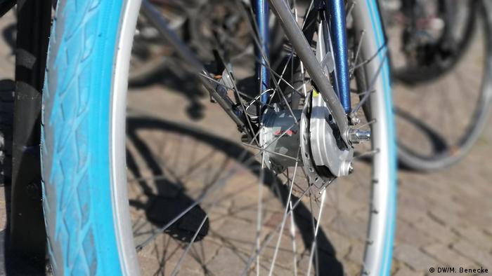 The blue tire of a Swapfiets bike in Cologne