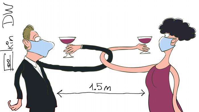 Карикатура Сергея Елкина - мужчина и женщина пьют на брудершафт, соблюдая социальную дистанцию и в защитных масках.