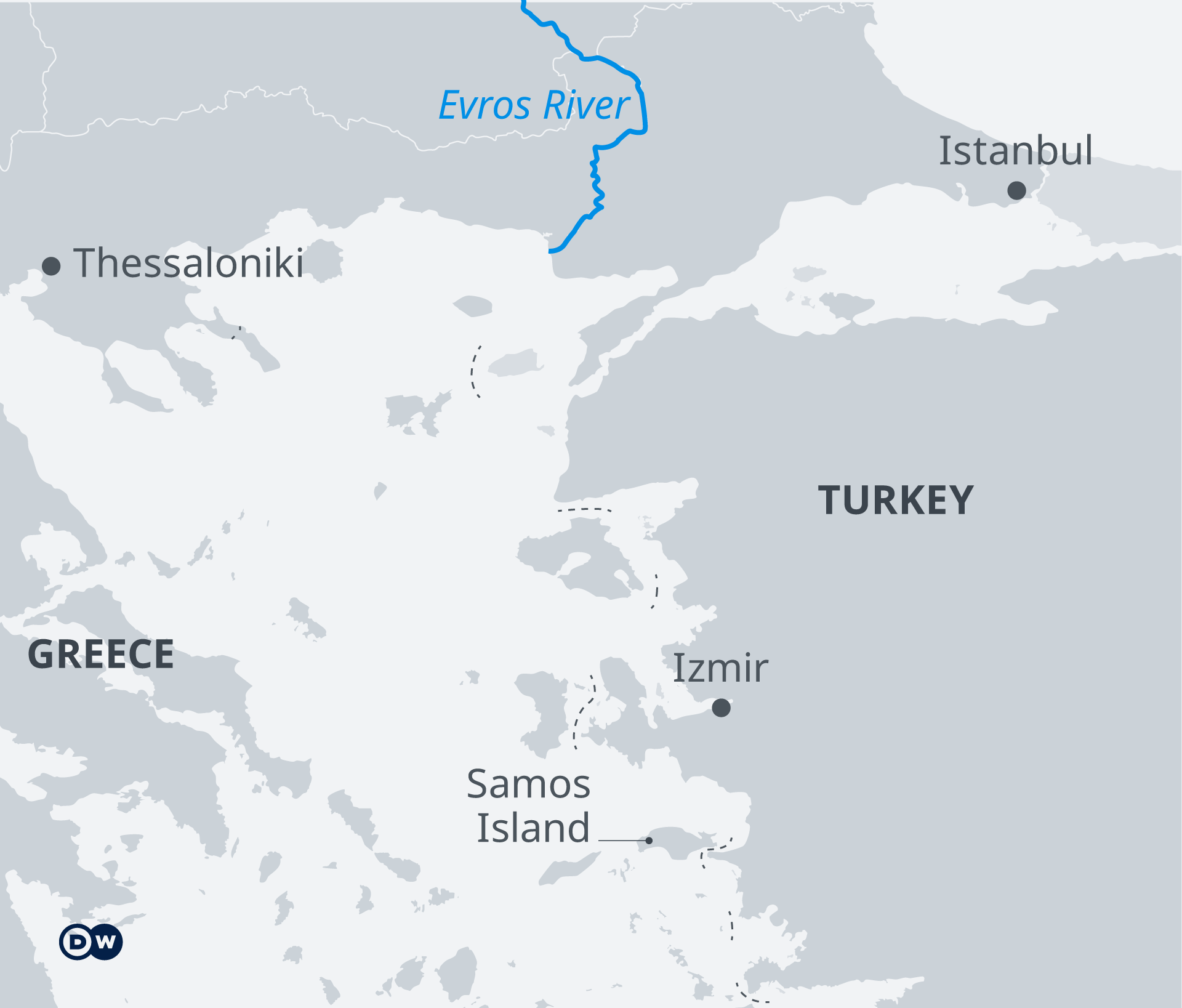  Карта на границата сред Гърция и Турция с река Марица (Eврос) 