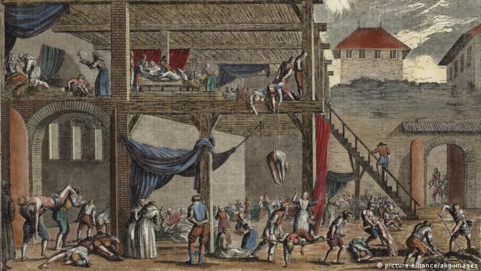 Гравюра от 1679 година - болни от чумната епидемия в един виенски лазарет