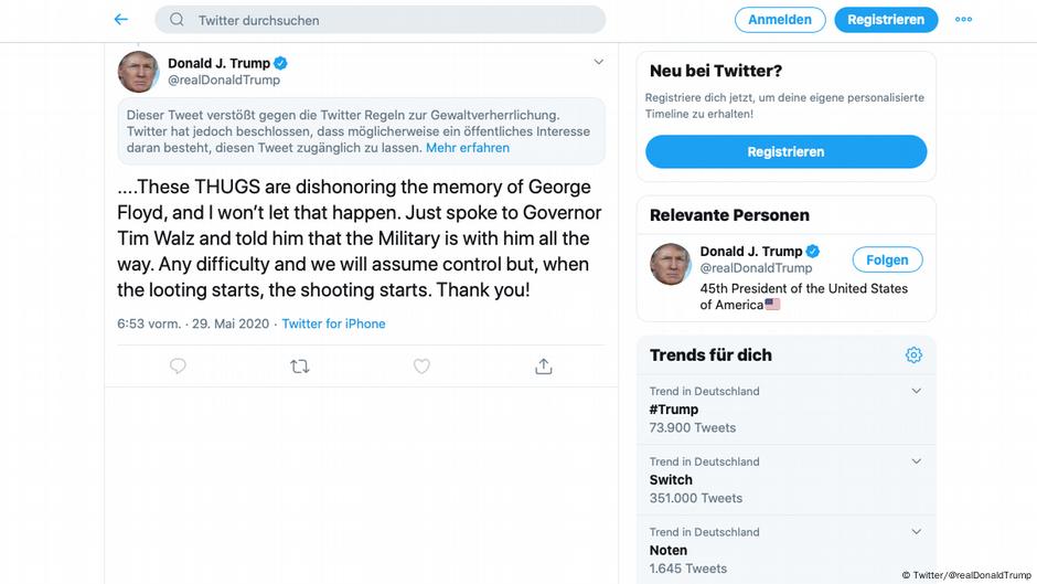 Donald Trump Twitter Hides Tweet For Glorifying Violence News Dw 29 05