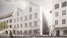 This illustration provide by Austrian architects Marte.Marte on Tuesday, June 2, 2020, shows a design for the conversion of the birth house of Adolf Hitler in Baraunau am Inn in Austria. Austrian authorities have presented plans for the redesigning of the house where Adolf Hitler was born in 1889, an overhaul that will turn it into a police station and aims to make it unattractive as a pilgrimage site for people who glorify the Nazi dictator. (Marte.Marte Architekten via AP) |