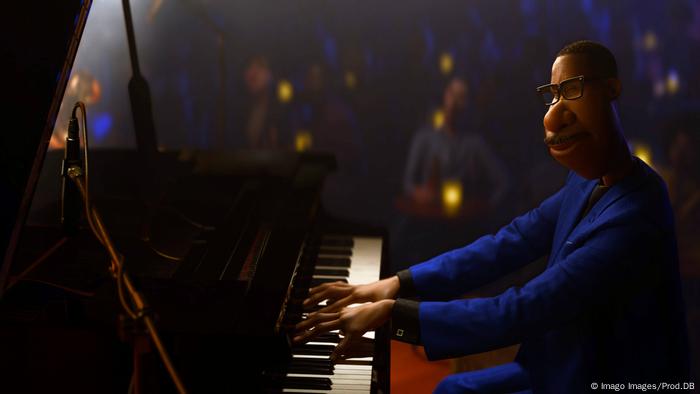 A movie still showing an animated African-American man playing the piano.