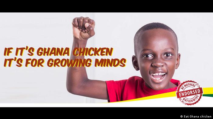 Ad with child and caption If it's Ghana chicken it's for growing minds (Eat Ghana chicken)