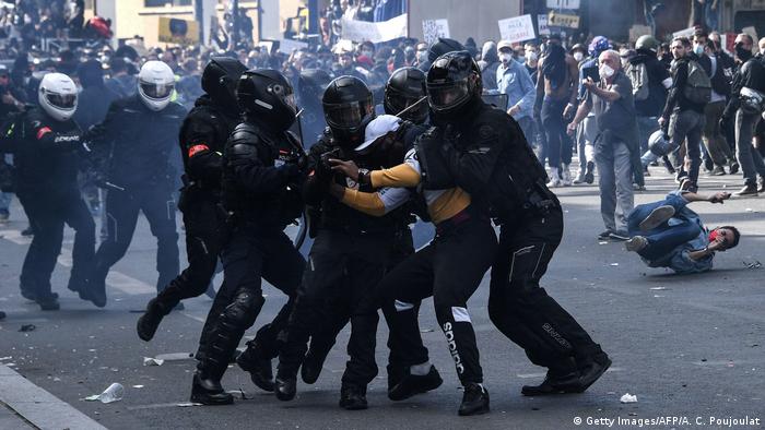 French riot police attesting Black Live Matter protestor