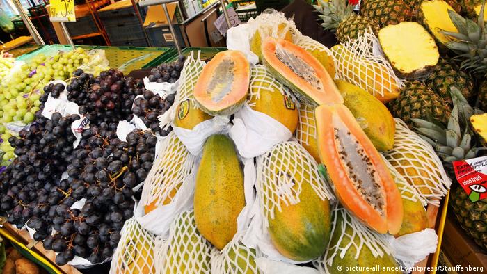 A market in Wiesbaden displays papaya and other fruit
