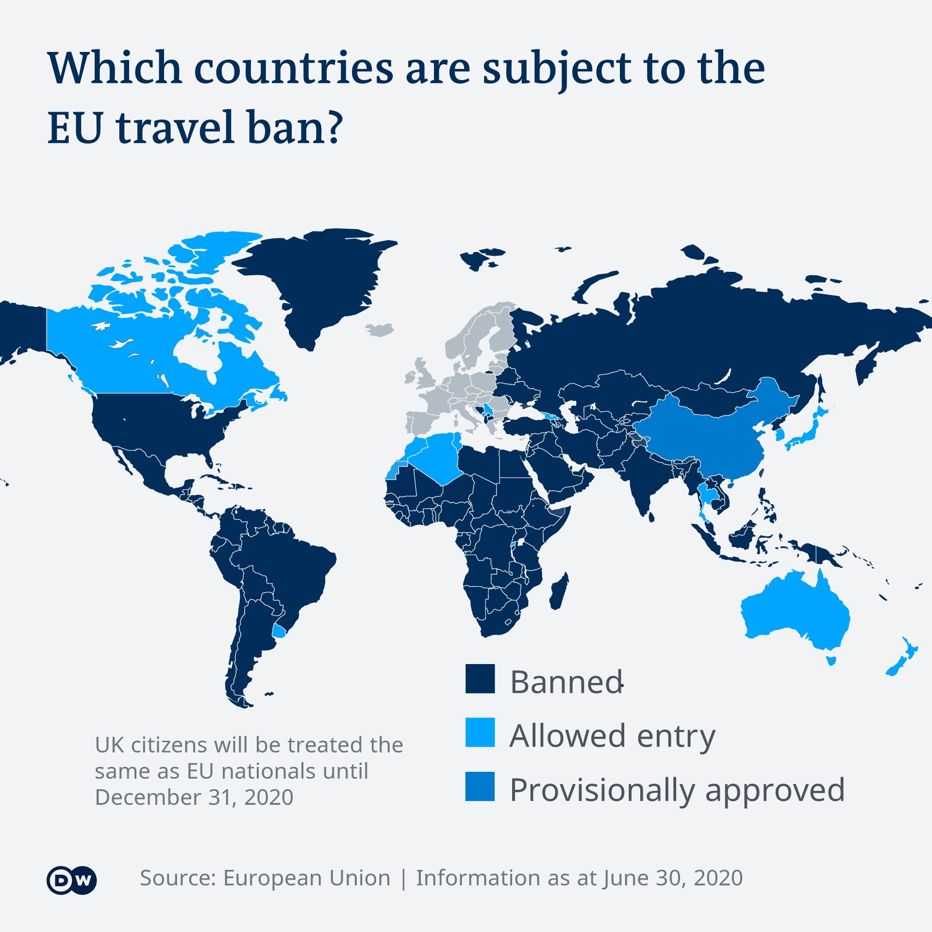 An infographic showing which countries around the world are part of the EU COVID travel restrictions