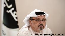 15.12.2014, Manama, Bahrain, A general manager of Alarab TV, Jamal Khashoggi, looks on during a press conference in the Bahraini capital Manama, on December 15, 2014. The pan-Arab satellite news broadcaster owned by billionaire Saudi businessman Alwaleed bin Talal will go on air February 1, promising to break the mould in a crowded field.AFP PHOTO/ MOHAMMED AL-SHAIKH (Photo by MOHAMMED AL-SHAIKH / AFP) (Photo credit should read MOHAMMED AL-SHAIKH/AFP via Getty Images)
