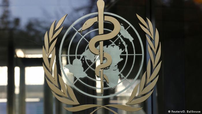 A logo is pictured on the World Health Organization (WHO) headquarters in Geneva